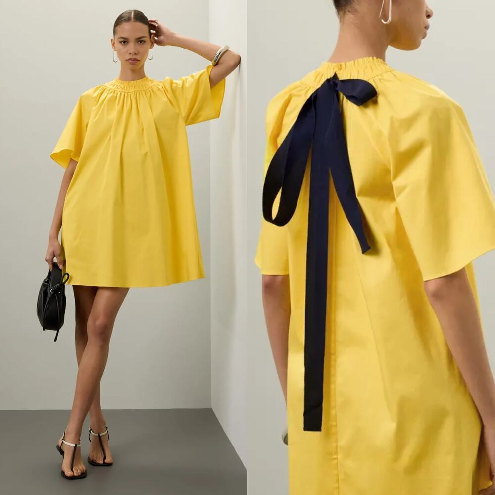 Roksanda Mini Dress Short Sleeve Mock Neck Relaxed Fit Yellow Black Bow Back S